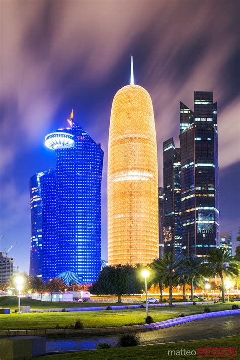 - Doha city center illuminated at night, Qatar, Middle East | Royalty ...