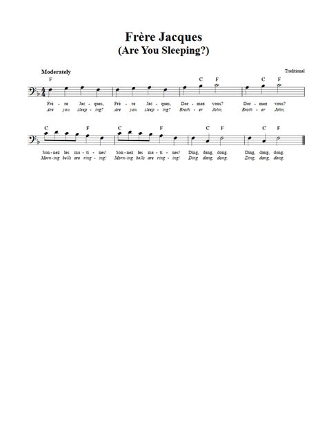 Frere Jacques: Chords, Lyrics, and Bass Clef Sheet Music