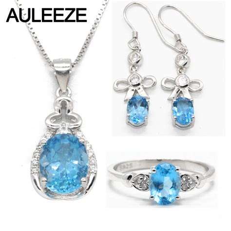 Natural Blue Topaz Jewelry Set For Women Real 925 Sterling Silver Topaz ...