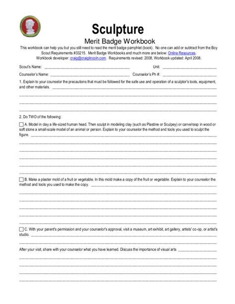 Boy Scout Merit Badge: Sculpture Worksheet for 8th Grade | Lesson Planet