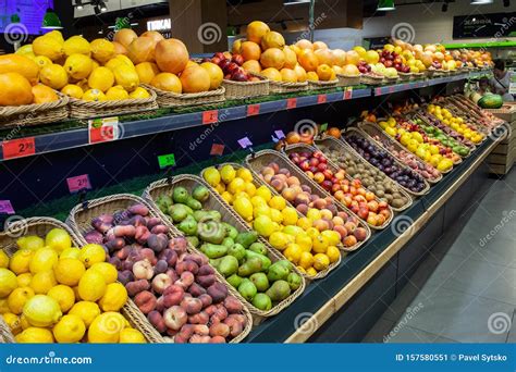 Supermarket Fruit Zone. a Variety of Fruits on Shelves of Store. Stock ...