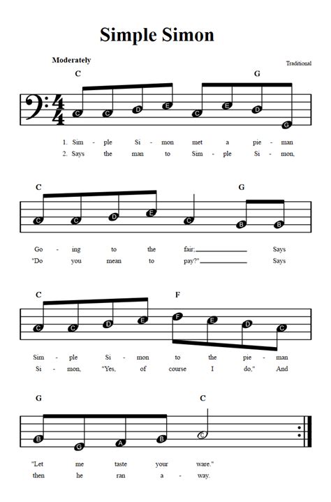 Simple Simon: Beginner Bass Clef Sheet Music with Chords and Lyrics