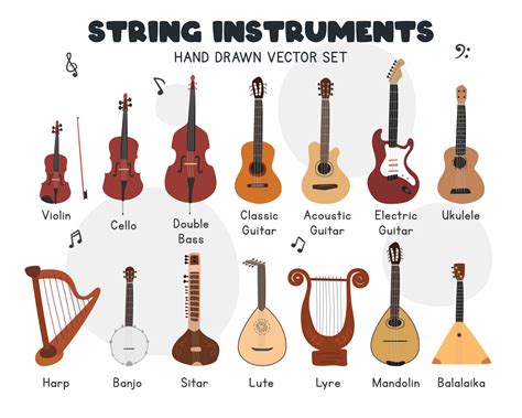 String instruments vector set. Simple cute violin, cello, double bass ...