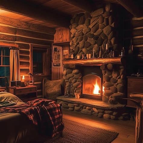 Premium AI Image | A log cabin with a fireplace and a log fireplace.