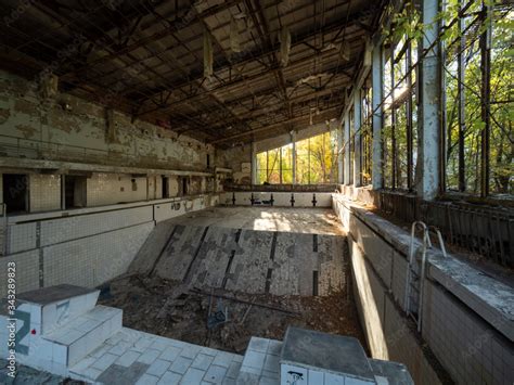 Abandoned empty swimming pool in school in Pripyat near Chernobyl ...