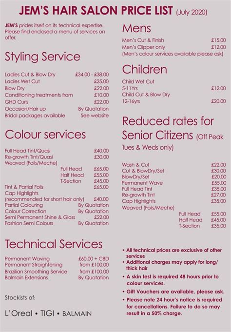 Hair Salon Prices List and Menu Design Ideas