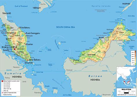 Large size Physical Map of Malaysia - Worldometer