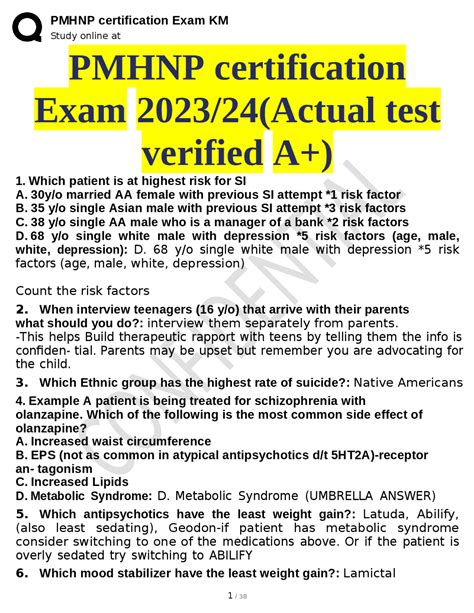 PMHNP Certification Exam Study Notes | Exams Nursing | Docsity