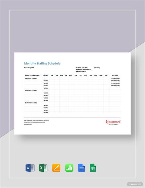 Restaurant Monthly Staffing Schedule Template in Word, Numbers, Excel ...