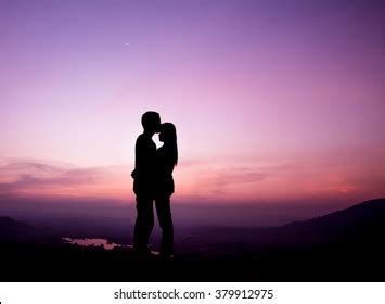 Silhouette Romantic Couple Lovers Hug Kiss Stock Photo 379912975 ...