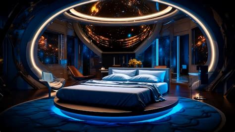 Premium AI Image | A dark modern bedroom in the night with neon blue lights