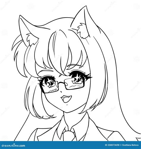 Cute Anime Girl With Long Hair Wearing Glasses. Vector Illustration ...