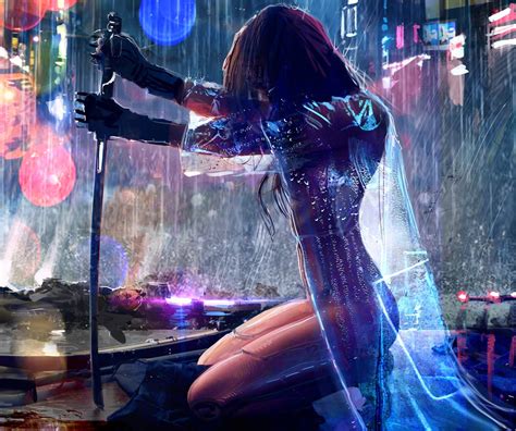 women, Warrior, Artwork, Sword, Rain, Cyberpunk, Cyberpunk 2077 ...