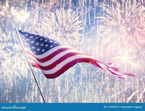 American Flag on Background of Fireworks. Stock Photo - Image of ...