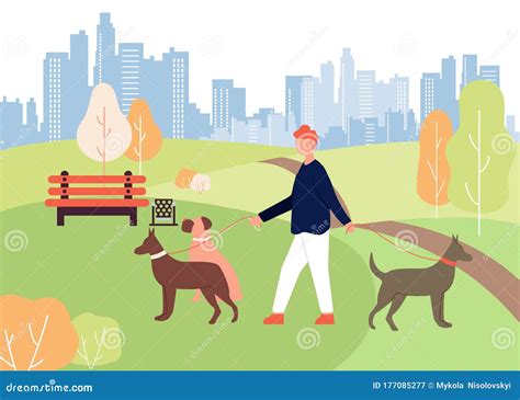 Dog Walker Job Cartoon Man Walk Park Holding Leash Stock Vector