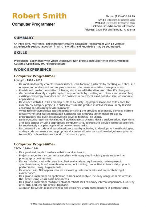 Computer Programmer Resume Samples | QwikResume