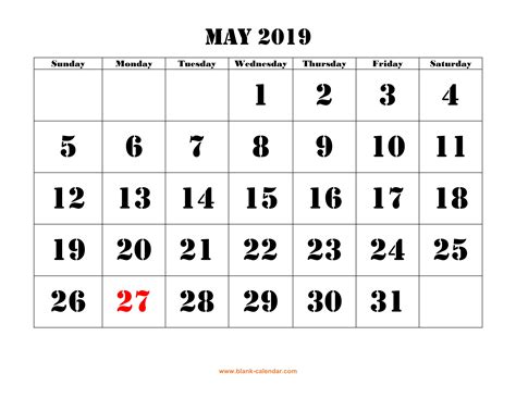 Free Download Printable May 2019 Calendar, large font design , holidays ...