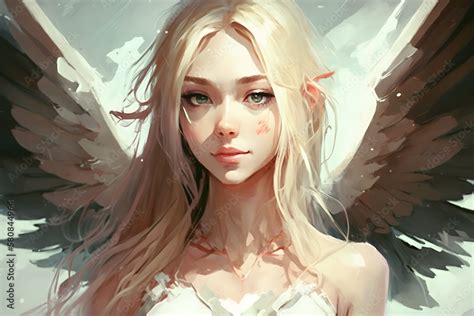 Portrait of a beautiful blonde angel girl in anime style. Neural ...