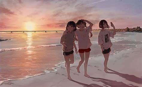 HD wallpaper: anime girls, original characters, sunset, beach ...