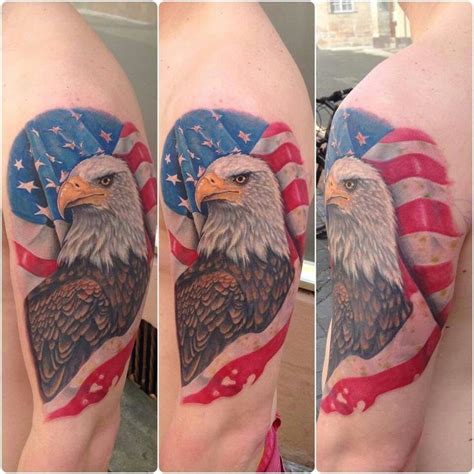 an eagle with the american flag painted on it's back half sleeve is shown