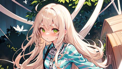 Anime Girl Green Eyes White Hair Blush White Blue Dress Green Leaves HD ...