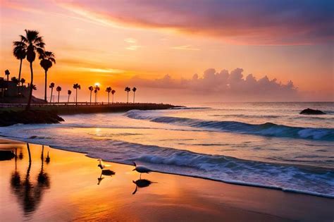 Premium AI Image | A sunset view of the ocean and palm trees.