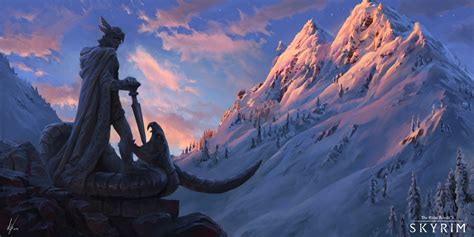 The Elder Scrolls V: Skyrim, snow covered, mountains, digital art ...