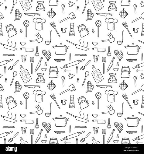 Cooking utensils and kitchen tools - seamless background doodle vector ...