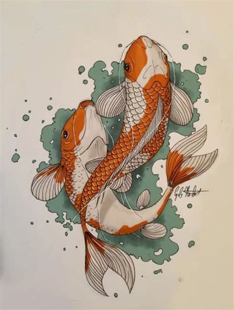 two orange and white koi fish in water with bubbles on the bottom half ...