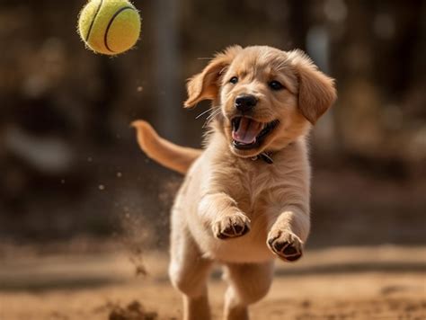 Premium Photo | A golden retriever puppy playing with a tennis ball.