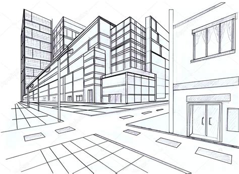 Two point perspective sketching plan of out door building — Stock Photo ...