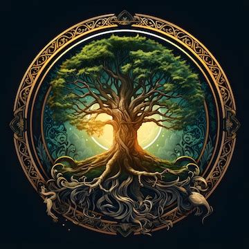 Yggdrasil Norse Mythology in an ornate frame with leaves | Premium AI ...