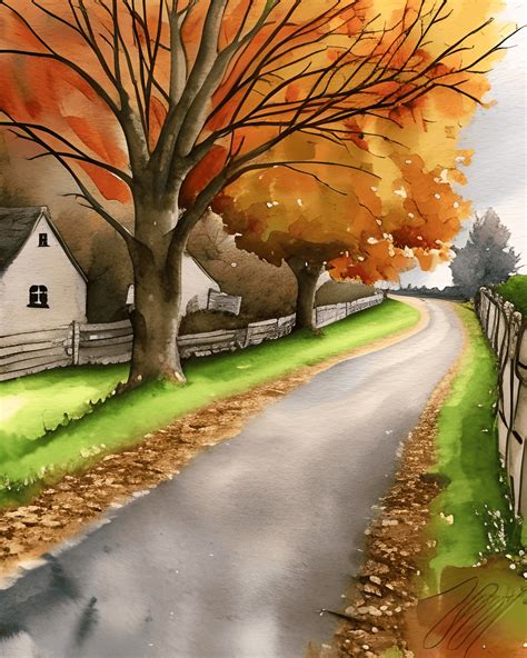 Beautiful Old English Country Lane Scene in Autumn · Creative Fabrica