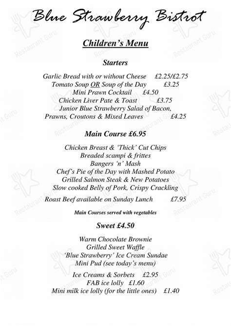 Menu at Blue Strawberry Bistrot restaurant, Hatfield Peverel