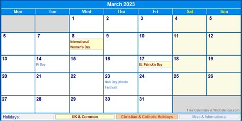 March 2023 UK Calendar with Holidays for printing (image format)