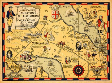 Map of Virginia 1607–1930 with Williamsburg, Jamestown, Yorktown