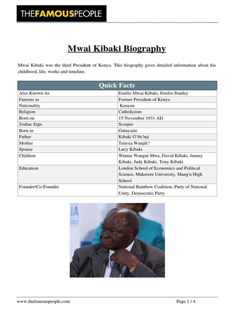 Mwai Kibaki Biography: Quick Facts | PDF | Kenya | Government