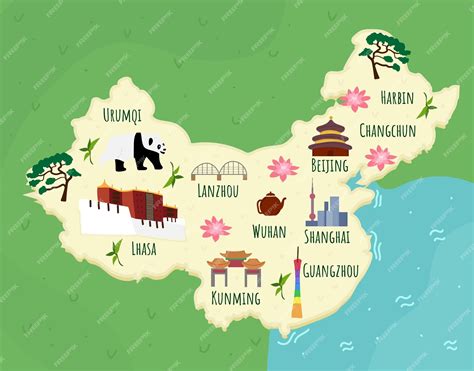 Premium Vector | Illustrated map of China with chineese landmarks buildings