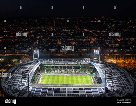 Aerial view on Illuminated Weserstadion, SV Werder Bremen stadium Stock ...