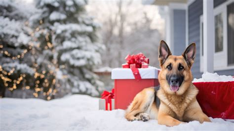 A German Shepherd dog is wearing a Santa hat and lying on a snowy porch ...