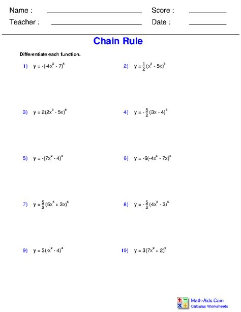 Chain Rule Derivatives Worksheet Rule Calculus