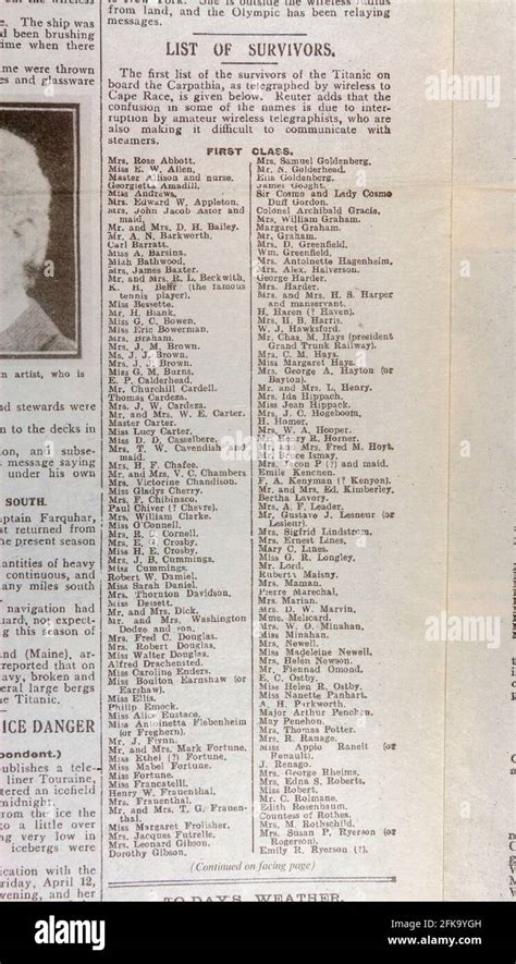 List of Titanic survivors (first class) inside The Daily Mirror ...