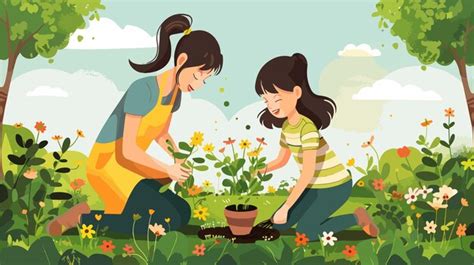 Premium Vector | A cartoon illustration of two girls planting flowers ...