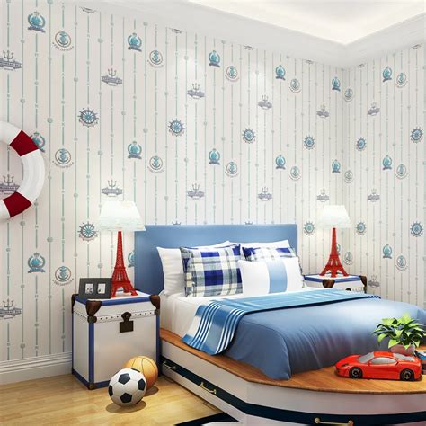 Kids Room Bedroom Wallpaper Boy Mediterranean Style Blue Vertical ...