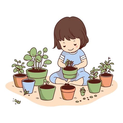 Premium Vector | Little girl planting flowers in pots of a girl ...