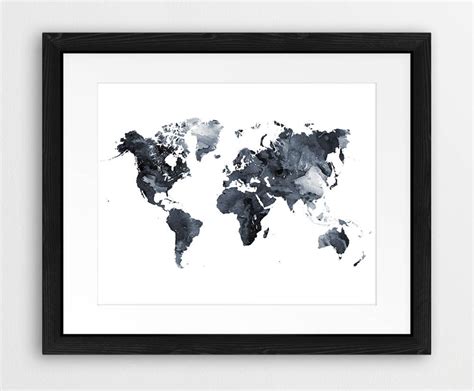 World Map Watercolor Print World Map Poster Watercolor Grey - Etsy