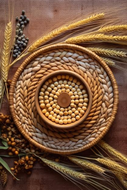 Premium AI Image | A Variety of Wheat Straw Baskets and Grains