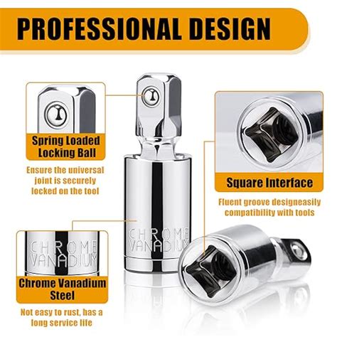 3PCS Universal Joint Socket Set, 1/4” 3/8” 1/2” Drive Swivel Socket ...