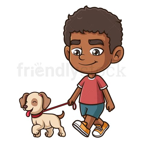 Cartoon Black Boy Walking Dog Vector Graphic Friendlystock