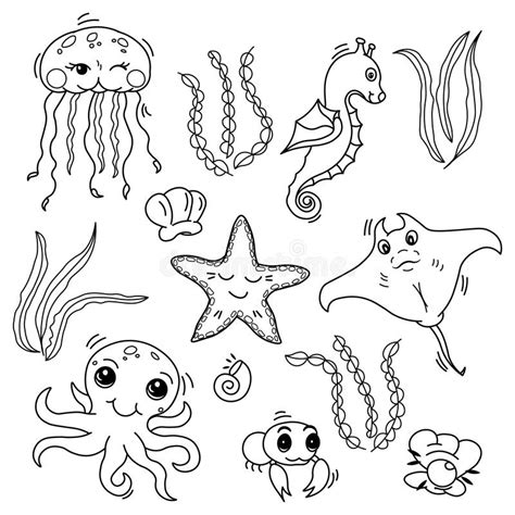 Vector Black And White Illustration Set Of Sea Creatures Coloring Images